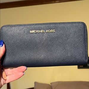 Michael Kors Navy Saffiano Zip-Around Wallet with Gold Logo
